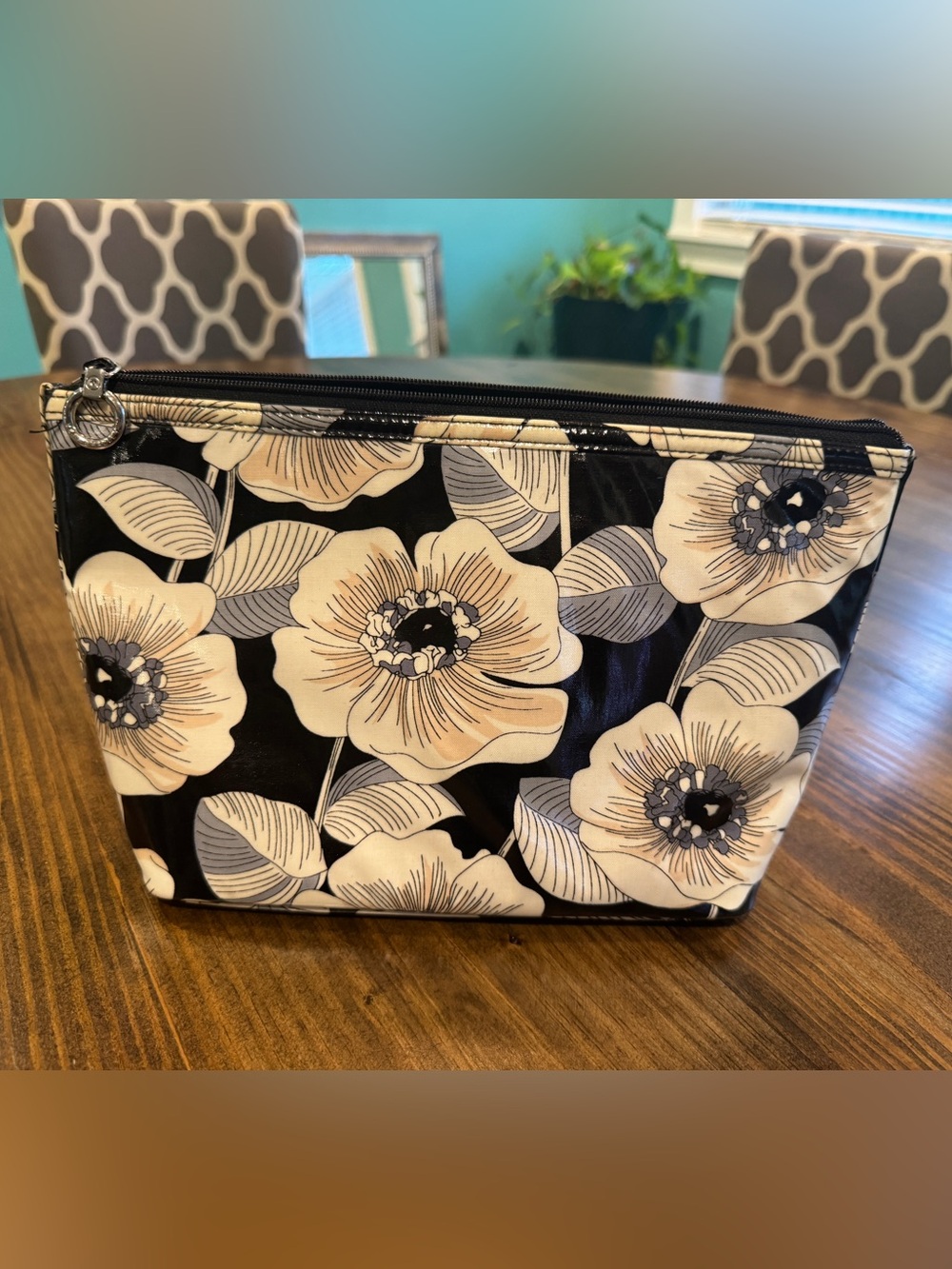 Black Floral Vinyl Cosmetic Bag